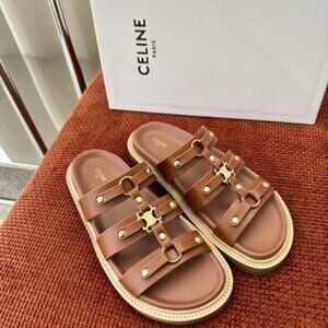 Celine Brown Leather Sandals with Gold Accents